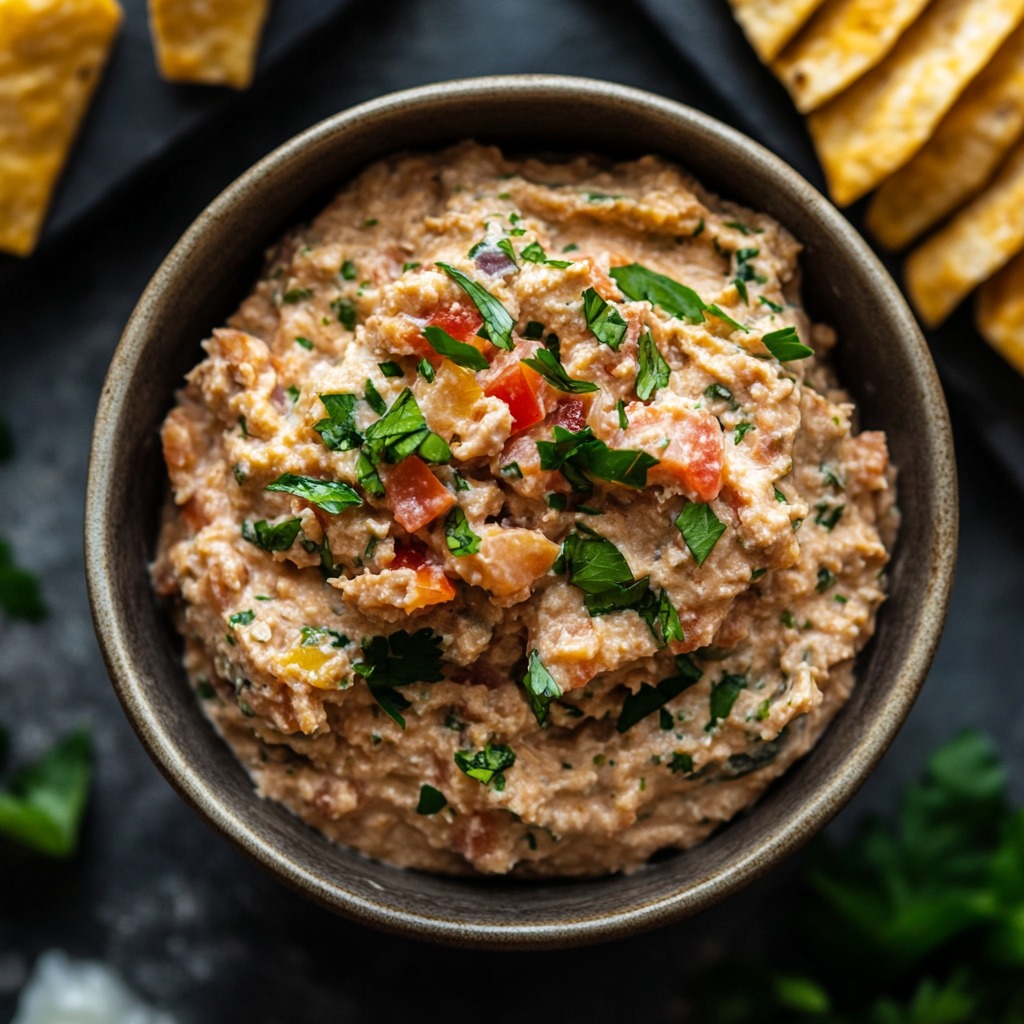 A bowl of creamy tuna dip garnished with fresh herbs and diced vegetables, surrounded by tortilla chips
