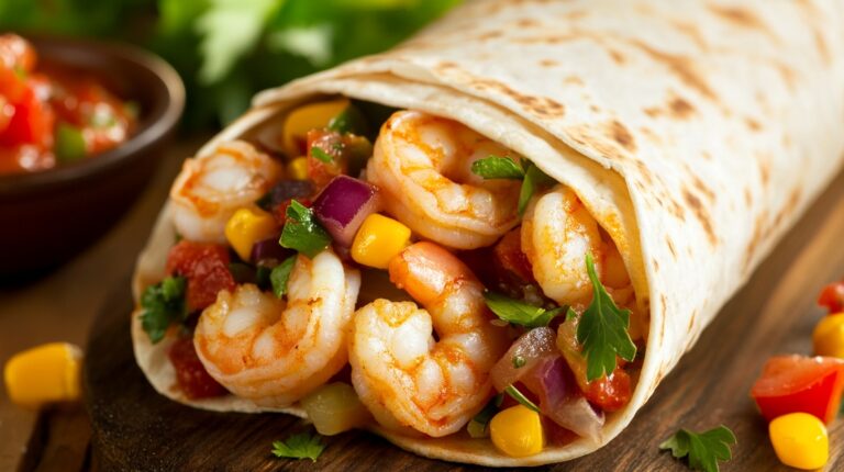 A shrimp burrito filled with seasoned shrimp, corn, diced vegetables, and herbs, resting on a wooden board