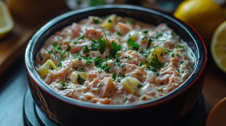 A bowl of creamy tuna dip garnished with fresh parsley and lemon pieces, surrounded by lemons in the background