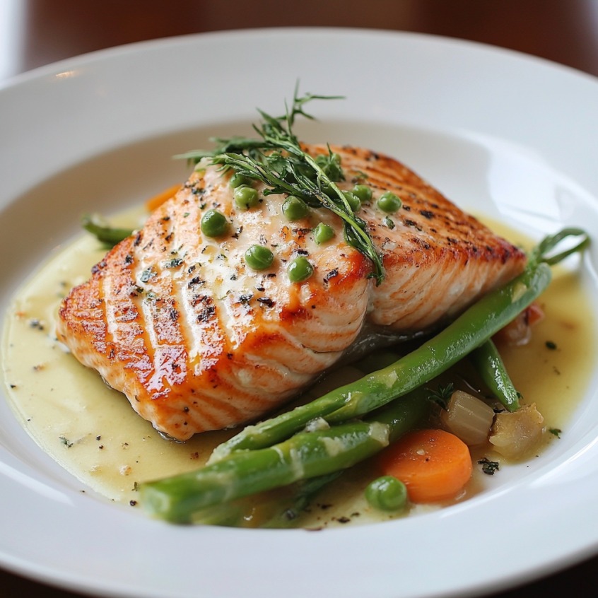 Grilled salmon fillet served with green beans, carrots, peas, and a creamy herb sauce on a white plate.