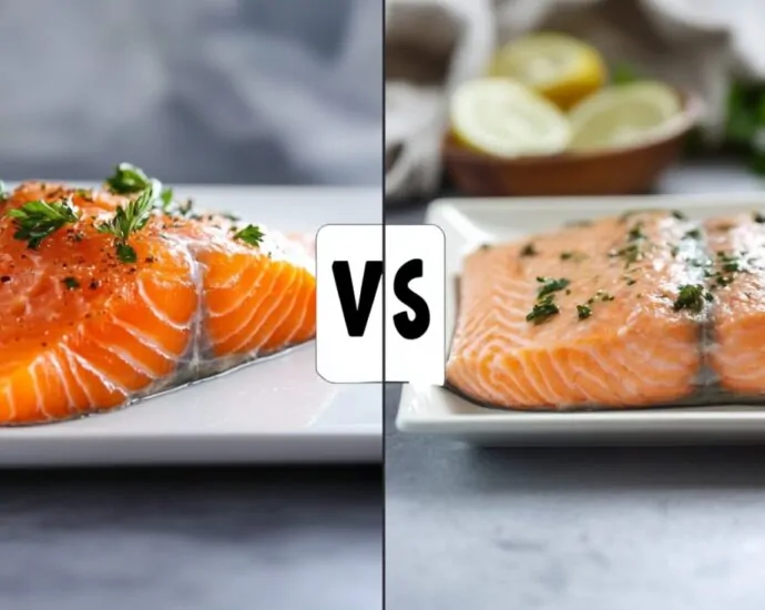 Side-by-side image comparison of raw steelhead trout (left) and salmon fillets (right) on white plates