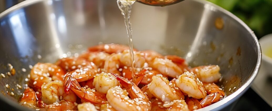 Sesame-garlic marinade being poured over cooked shrimp in a metal bowl