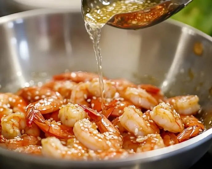 Sesame-garlic marinade being poured over cooked shrimp in a metal bowl