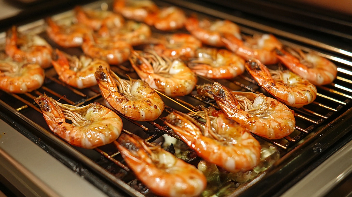 Grilled shrimp skewers cooking on a hot grill