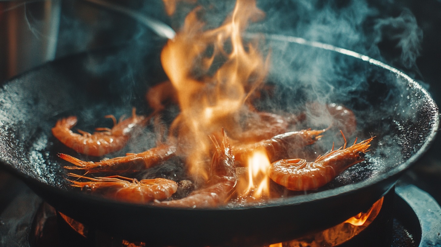 Shrimp being cooked in a hot pan with flames and steam rising