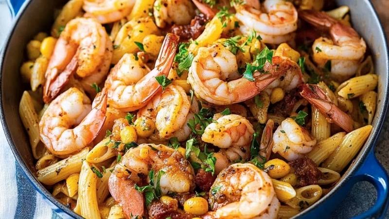 Cajun shrimp boil pasta dish featuring penne, corn, and herbs in a skillet