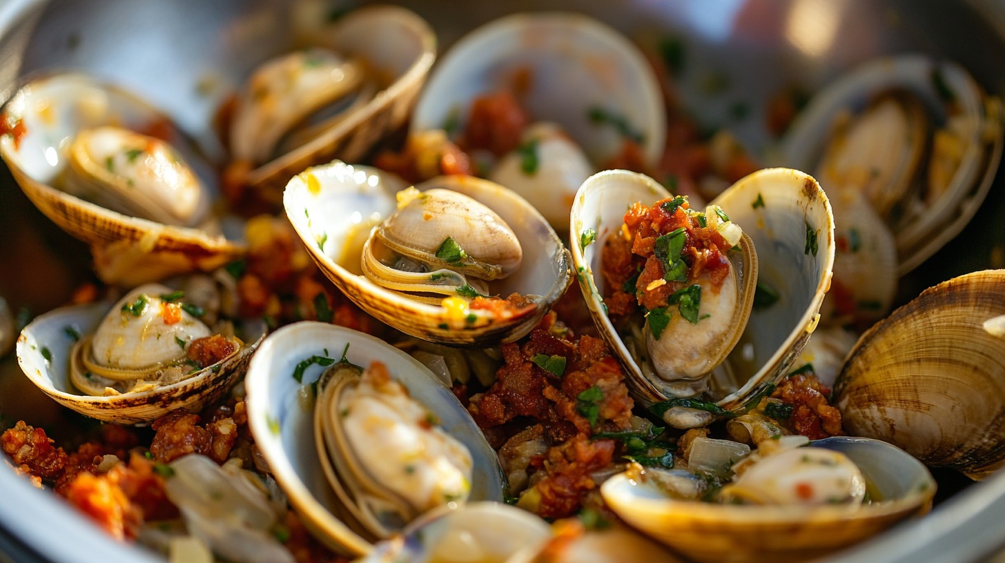 Close-up of cooked clams topped with chorizo, herbs, and spices in a pan