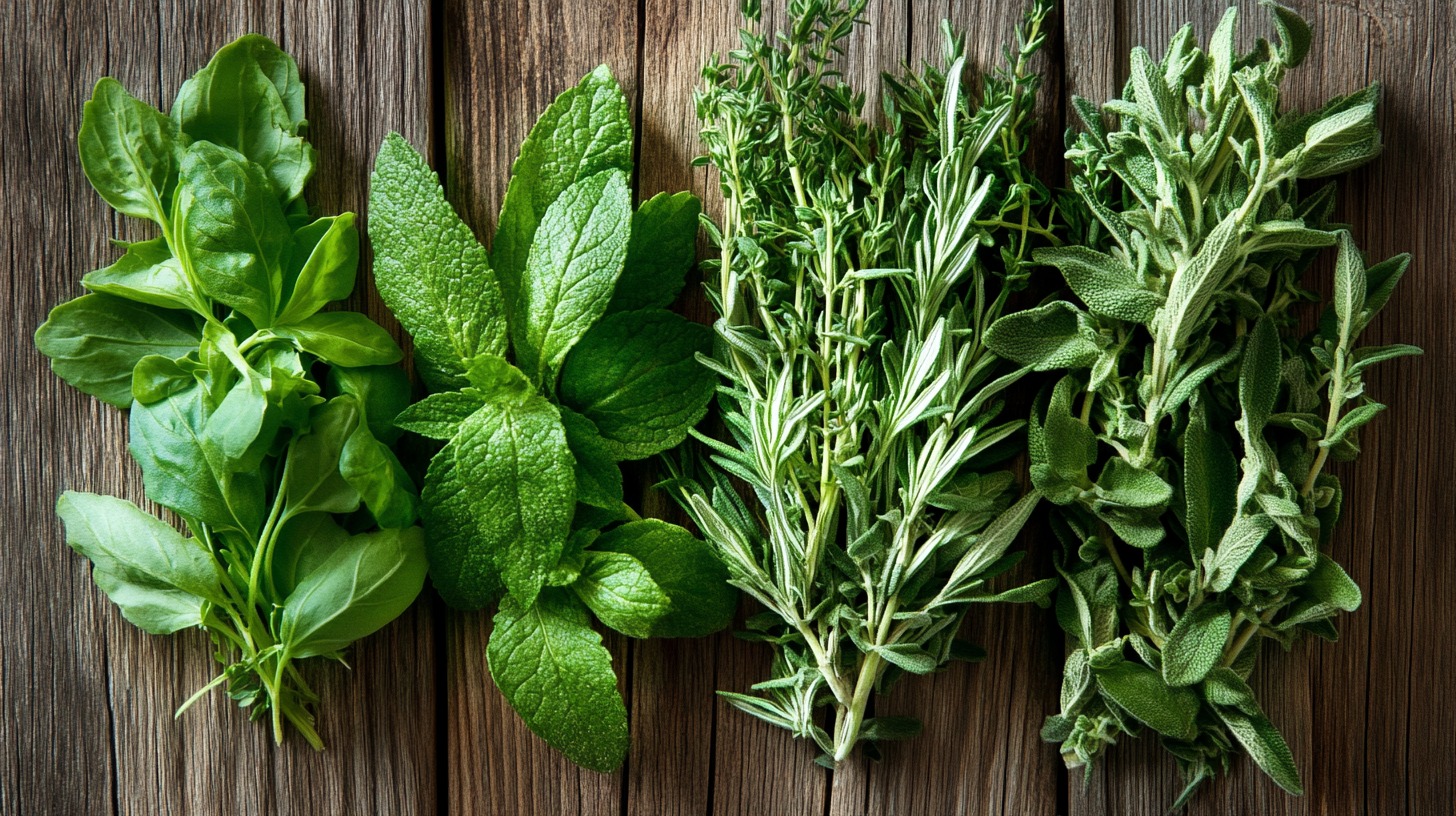 Fresh bunches of basil, mint, rosemary, and sage on a rustic wooden surface, arranged side by side