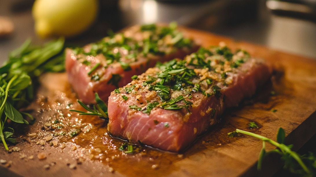 Two raw fish fillets seasoned with fresh chopped herbs and spices on a wooden cutting board