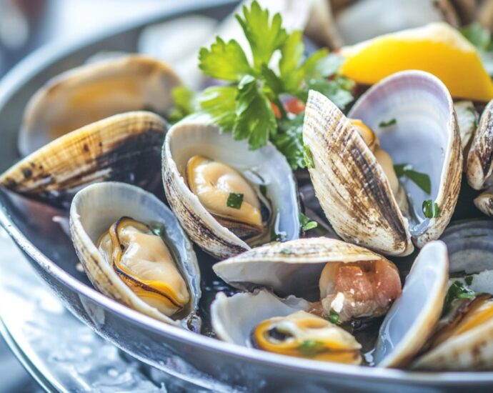 Close-up of a dish of steamed clams garnished with parsley and lemon slices