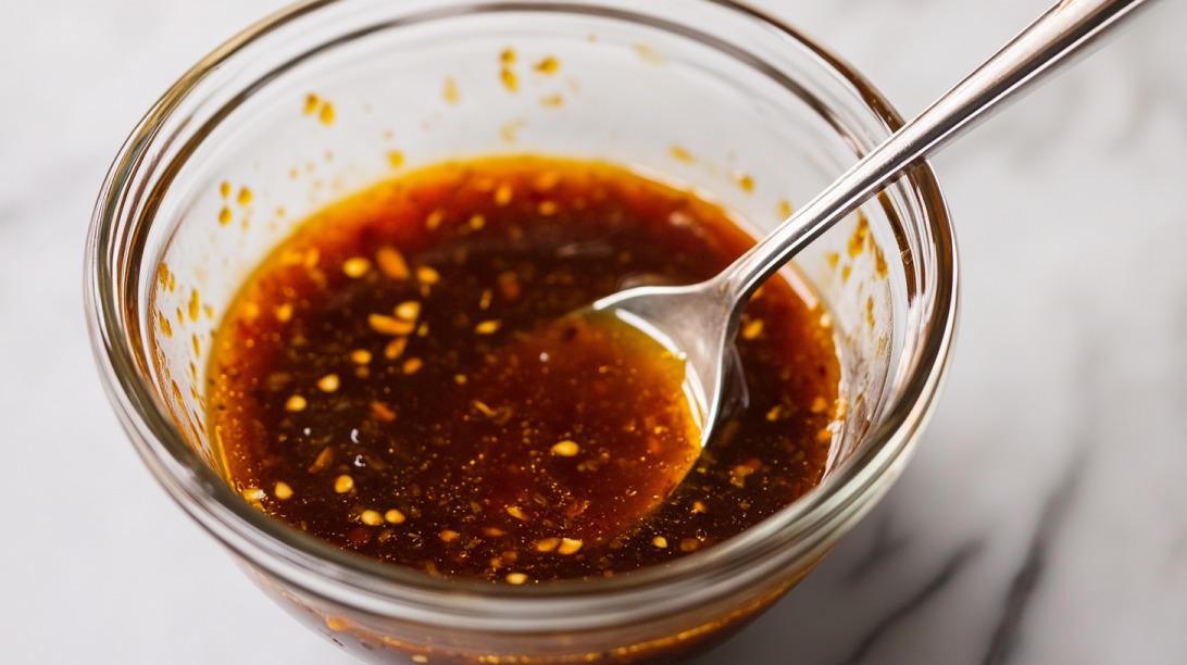 Glass bowl of dark Asian marinade with sesame seeds and a spoon inside.