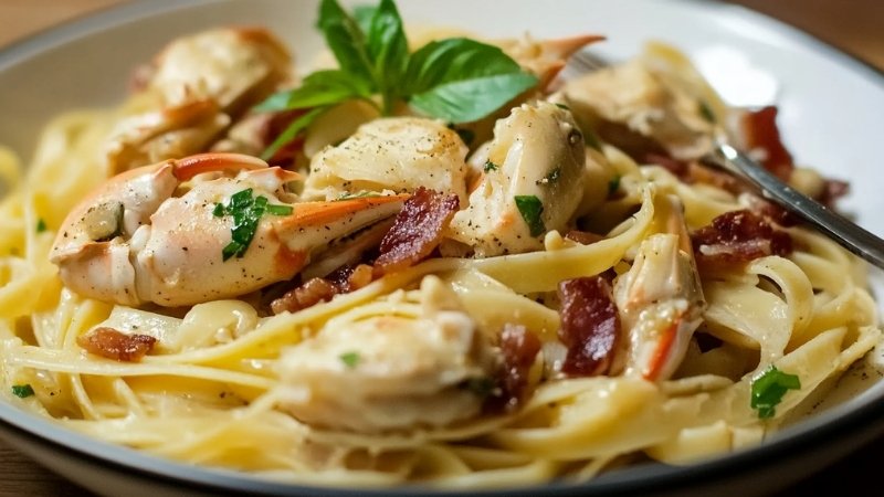 Crab and bacon linguine garnished with herbs and served in a white bowl