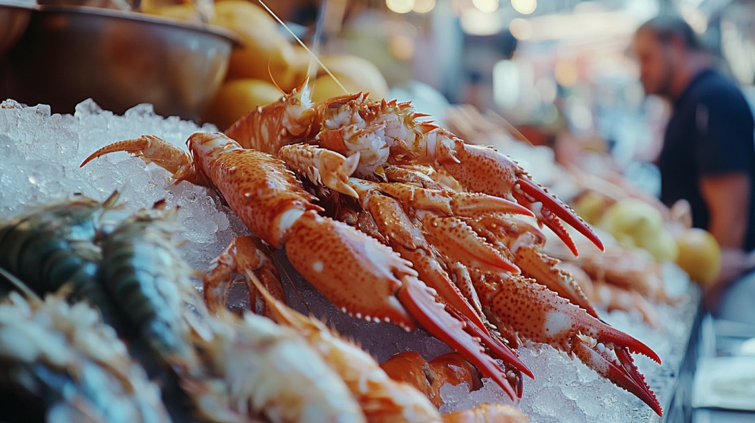 Fresh crabs and lobsters displayed on crushed ice at a seafood market, with a vendor visible in the blurred background