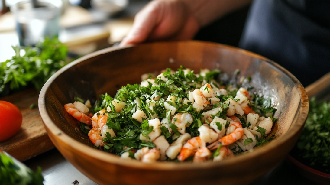 Wooden bowl filled with chopped herbs and shrimp being prepared in a kitchen