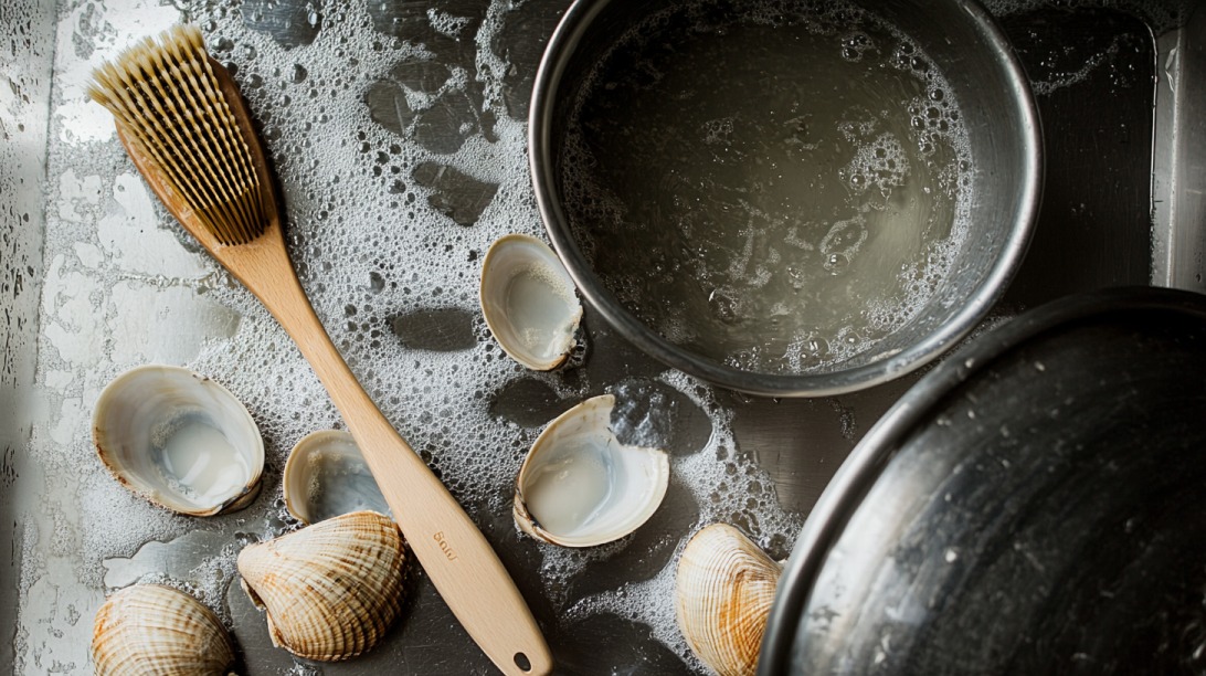 Dirty sink with clam shells, a wooden dish brush, soapy water, and cooking pots