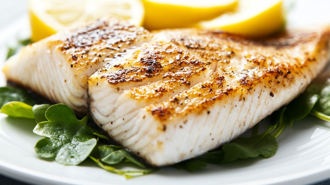 Close-up of a grilled fish fillet served on a bed of greens with lemon wedges, showing its flaky texture and golden crust