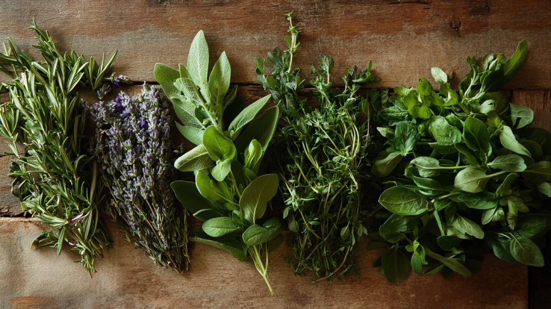 Various fresh herbs including rosemary, lavender, sage, thyme, and oregano arranged on a wooden surface