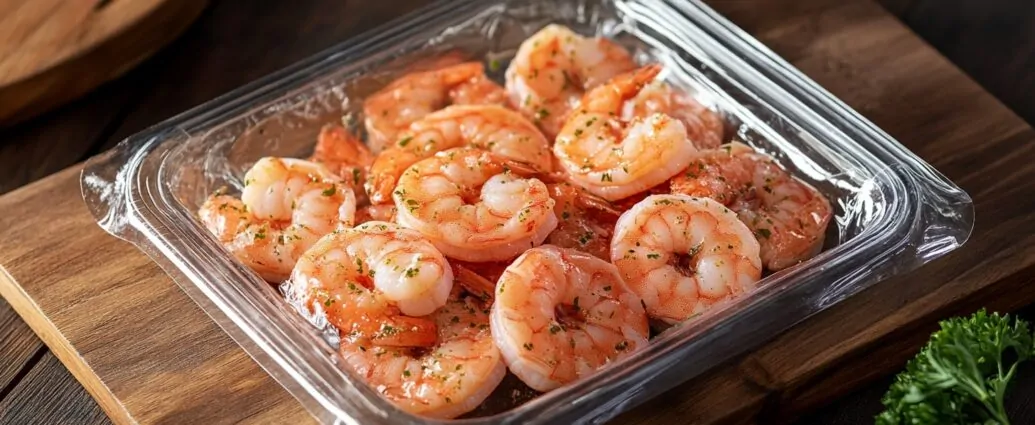 Seasoned cooked shrimp in a plastic container on a wooden board