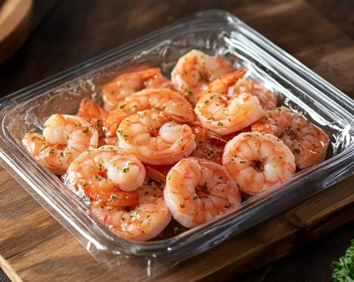 Seasoned cooked shrimp in a plastic container on a wooden board