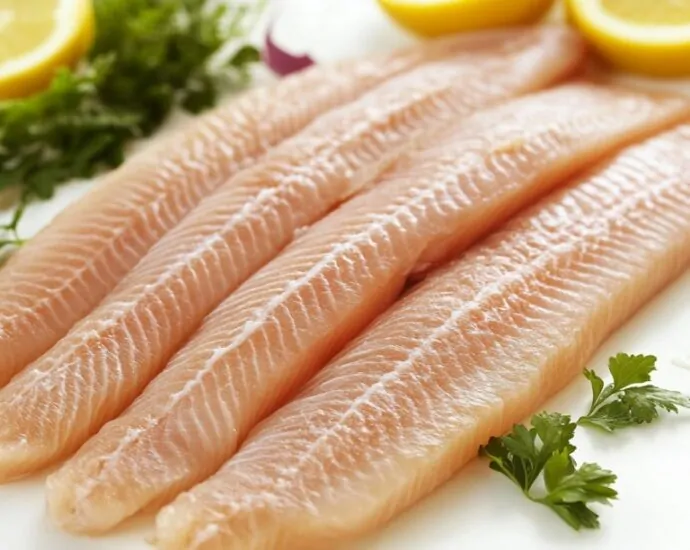 Four raw fish fillets arranged on a plate with lemon slices and parsley, illustrating the appearance of fresh seafood