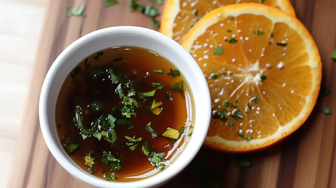 A small white bowl of orange-soy marinade garnished with herbs, next to fresh orange slices on a wooden board.