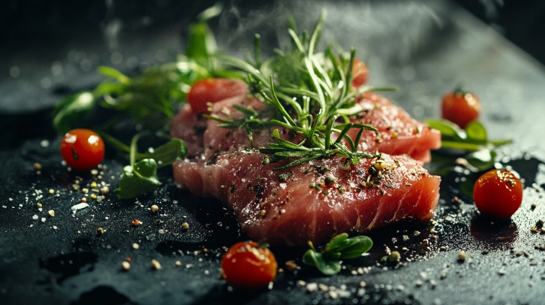 Raw seasoned fish fillet garnished with fresh rosemary, cherry tomatoes, and herbs on a dark cooking surface