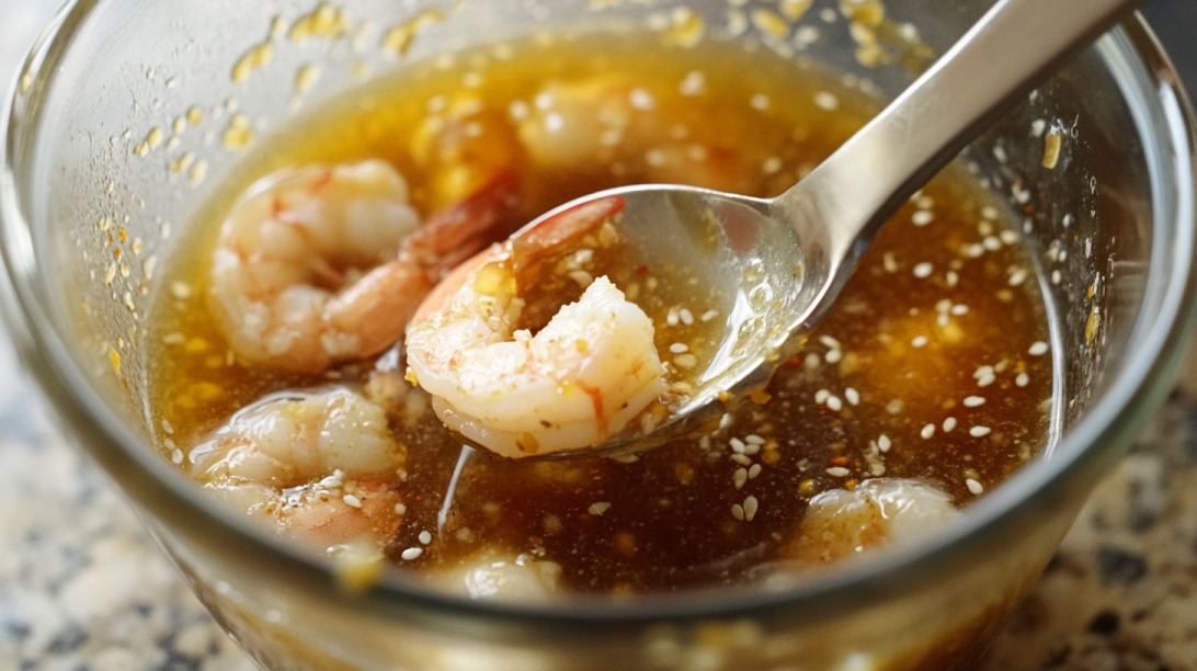 Shrimp in a sesame ginger marinade with sesame seeds in a glass bowl and a spoon lifting one shrimp
