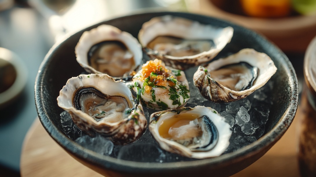 Close-up of raw oysters served on a bed of ice in a dark ceramic bowl, garnished with herbs and citrus