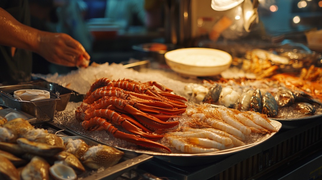 Close-up of various fresh seafood including shrimp, scallops, and lobster claws displayed on ice at a seafood market