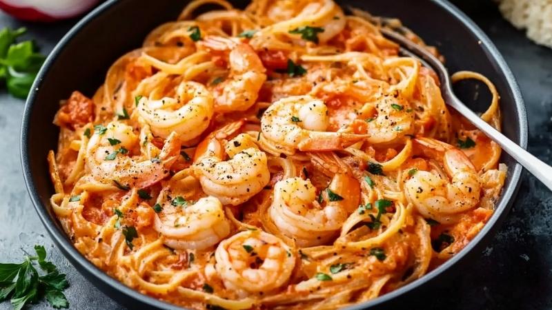 Shrimp linguine served in a creamy tomato sauce and topped with herbs