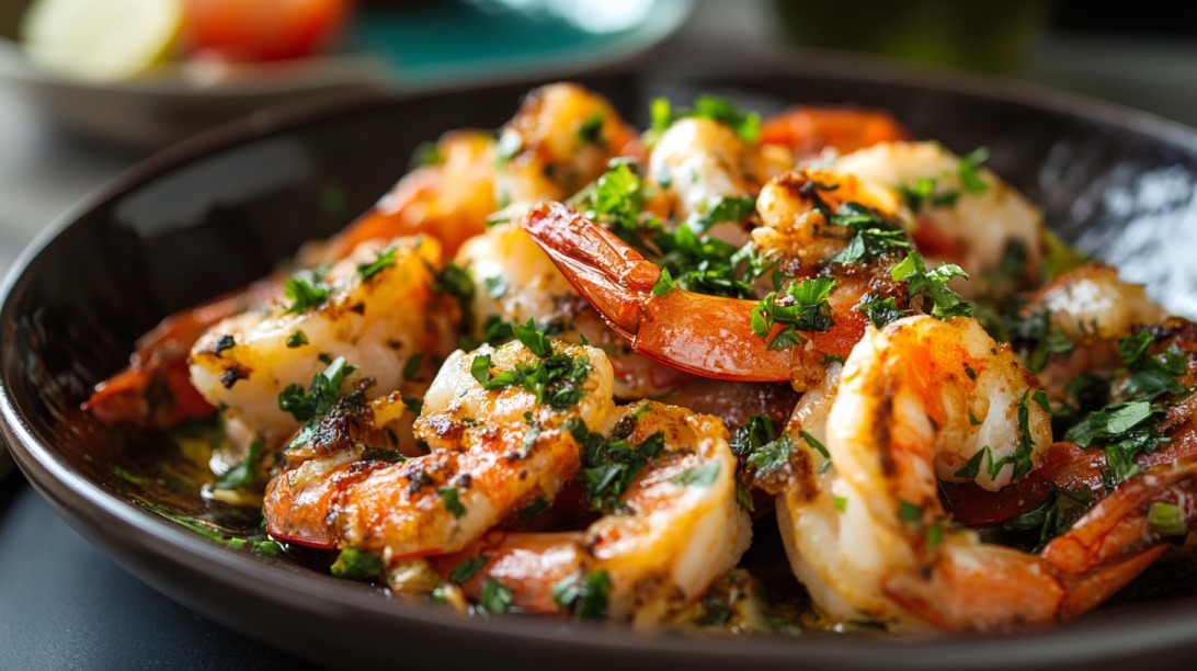 Close-up of cooked shrimp garnished with herbs in a dark bowl, showcasing a fresh and flavorful seafood dish