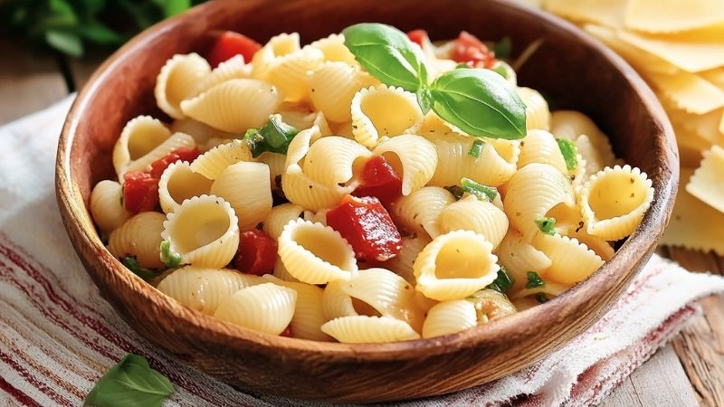 Summer pasta with shell pasta, cherry tomatoes, basil, and olive oil