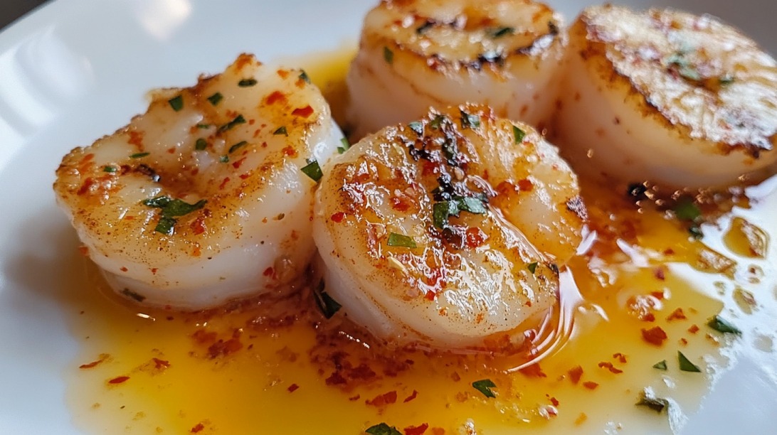 Seared scallops on a white plate, covered in a vibrant sweet chili marinade with herbs and spices