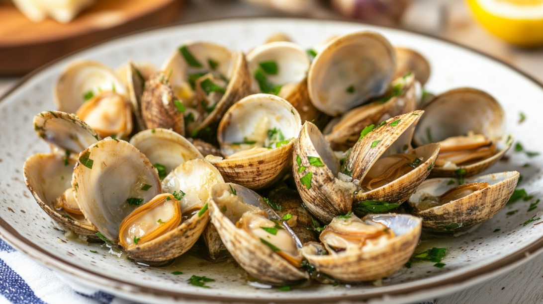 Plate of cooked clams garnished with chopped parsley and a garlic butter sauce.