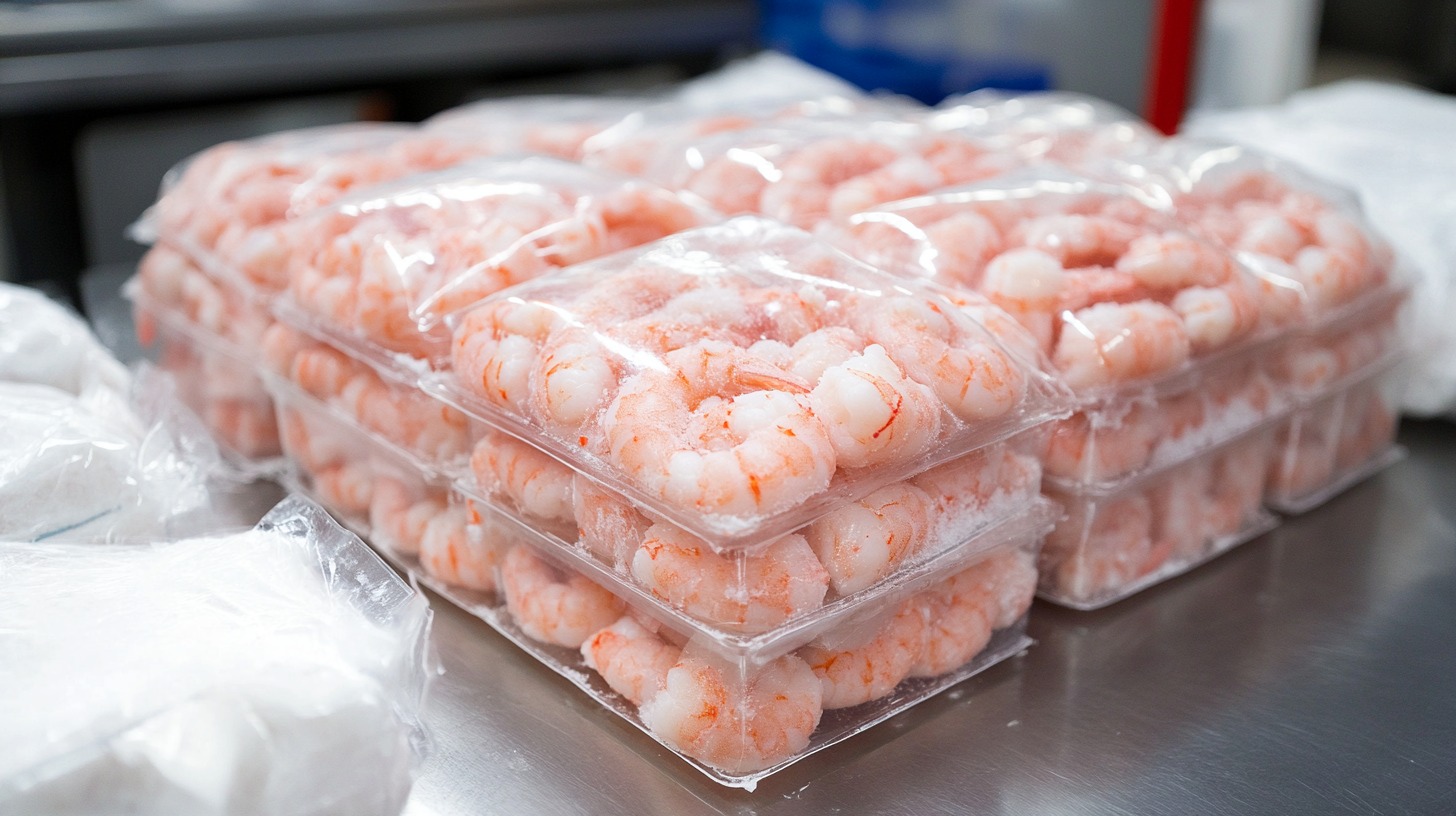 Stacks of frozen shrimp packaged in plastic trays on a stainless steel surface