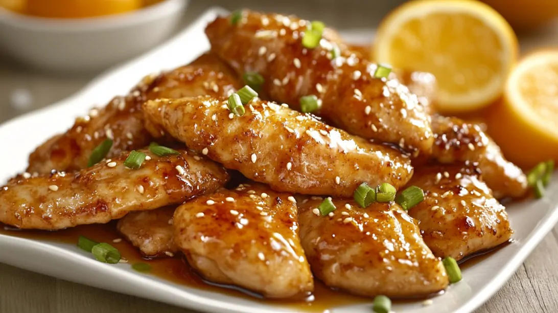 Glazed chicken breasts on a white plate, topped with sesame seeds and chopped green onions