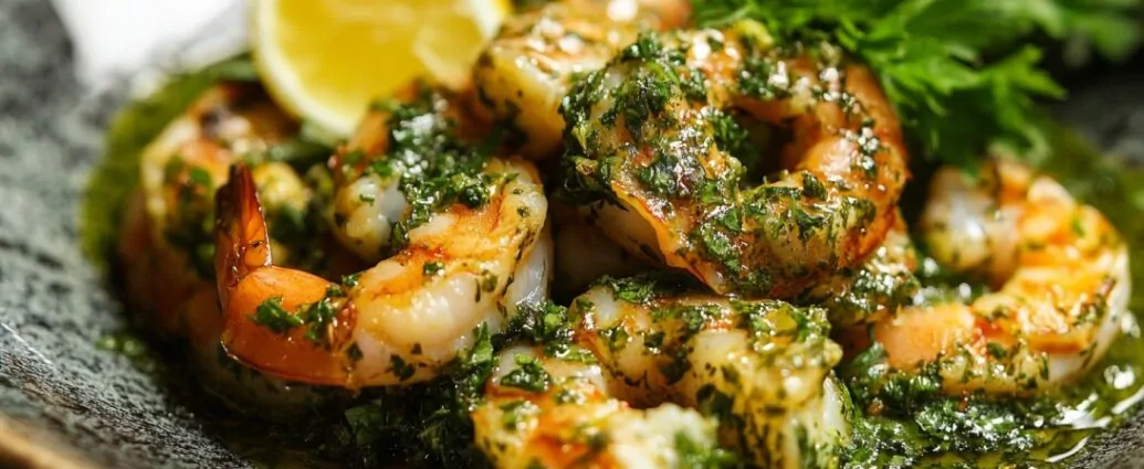 Close-up of grilled shrimp garnished with chopped herbs and served with a lemon wedge