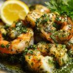 Close-up of grilled shrimp garnished with chopped herbs and served with a lemon wedge