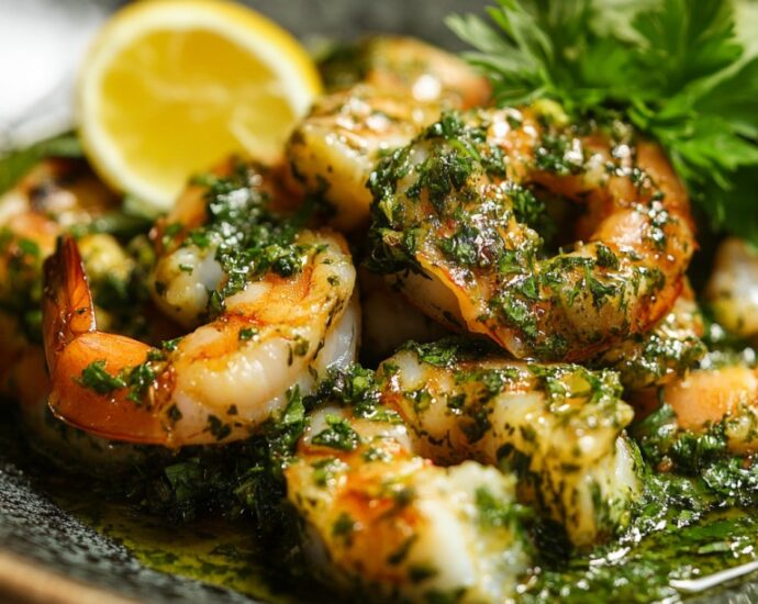Close-up of grilled shrimp garnished with chopped herbs and served with a lemon wedge
