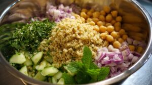Bowl filled with chopped cucumber, red onion, chickpeas, quinoa, mint, and parsley, prepped for a fresh salad