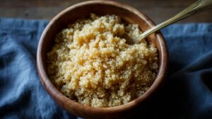 Cooked quinoa served in a wooden bowl with a spoon, placed on a blue cloth.