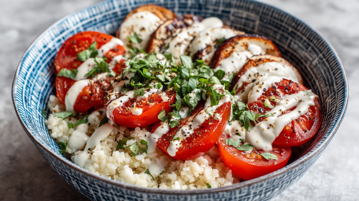 A bowl of cottage cheese topped with sliced tomatoes, grilled eggplant, chopped herbs, and creamy dressing