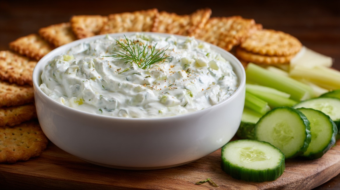A bowl of creamy cucumber cottage cheese dip garnished with dill, surrounded by crackers, cucumber slices, and celery sticks