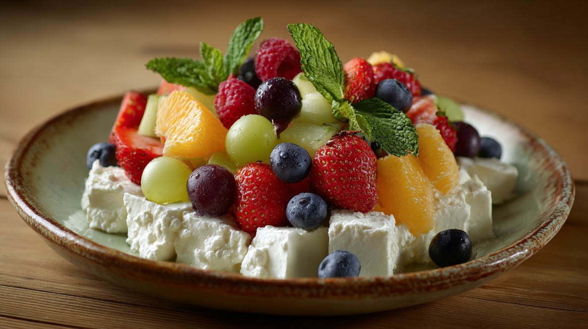 A bowl of cottage cheese topped with assorted fresh fruits like strawberries, grapes, blueberries, oranges, and mint leaves