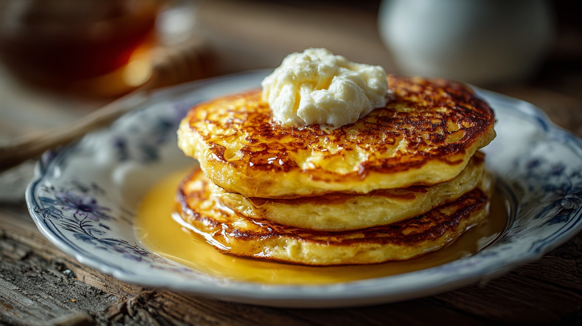 A stack of golden cottage cheese pancakes with syrup and a dollop of cream on a floral-patterned plate