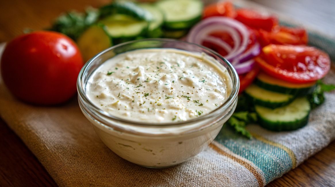 A glass bowl filled with creamy cottage cheese salad dressing, surrounded by sliced cucumbers, tomatoes, and red onions