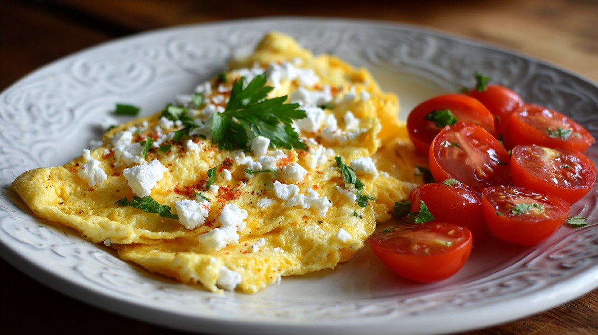 Scrambled eggs topped with cottage cheese and herbs, served with sliced cherry tomatoes on a decorative white plate