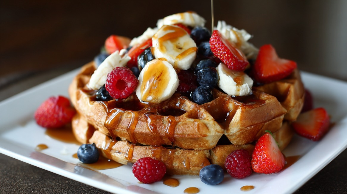 A stack of oat waffles topped with banana slices, berries, and syrup on a white plate