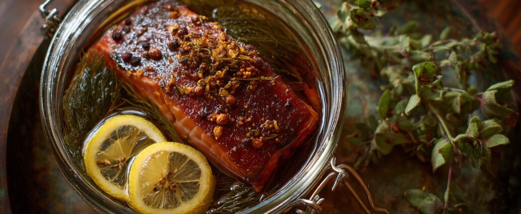 Glass jar with seasoned fish fillet, lemon slices, herbs, and brine for smoking