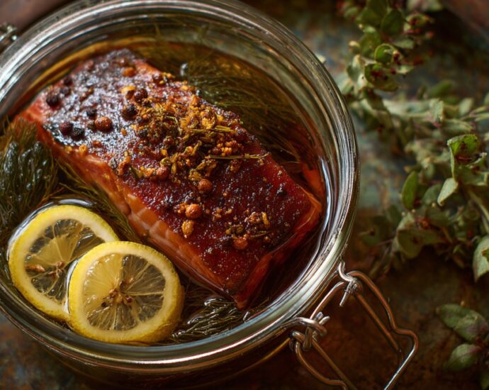 Glass jar with seasoned fish fillet, lemon slices, herbs, and brine for smoking